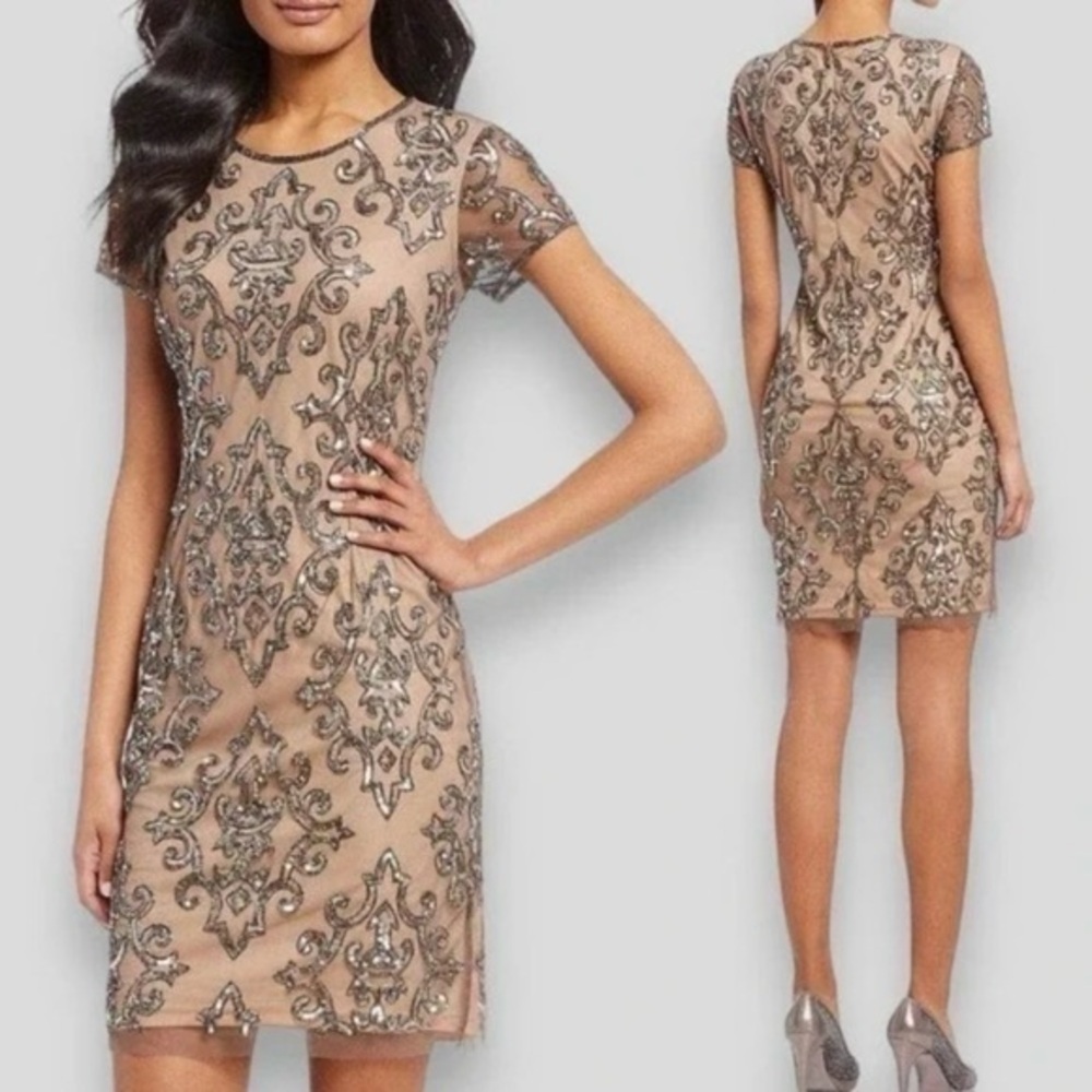 ADRIANNA PAPELL Short Sequin Dress in SILVER/NUDE